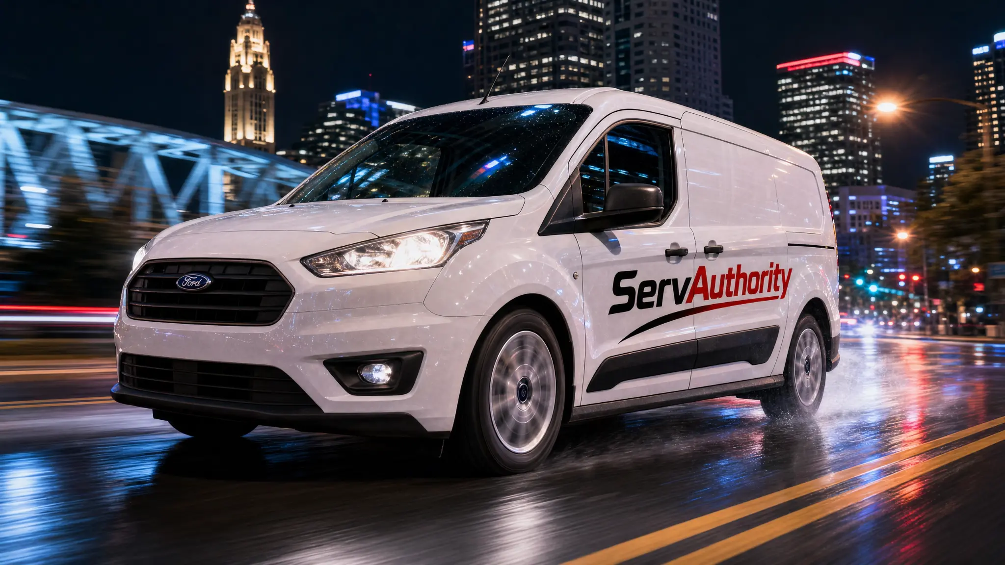 ServAuthority service vehicle in a city at night